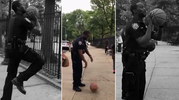 هنرنمایی های یک پلیس بسکتبالیست در حین کار  + فیلم