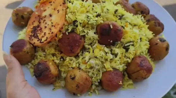 گشنیز پلو با گوشت قلقلی + فیلم