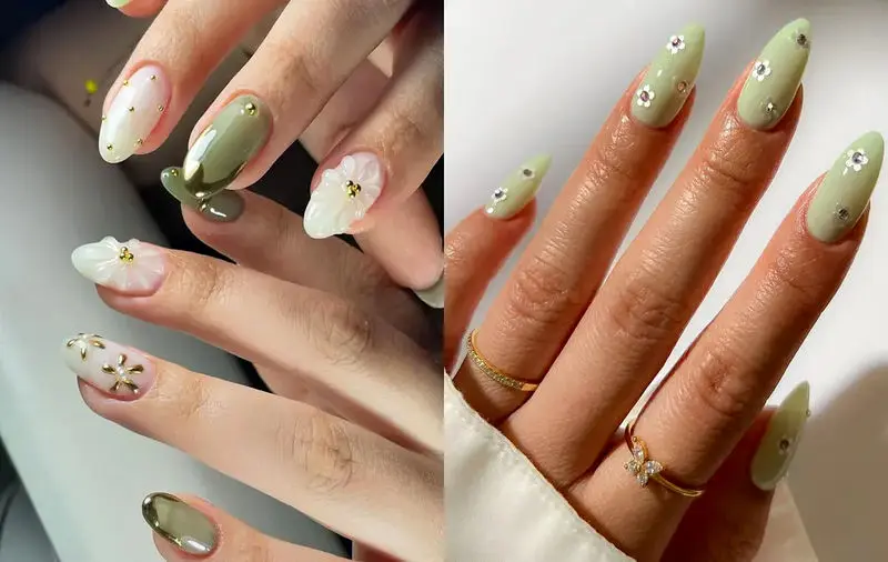 مدل ناخن سبز ماچا با طرح گل
