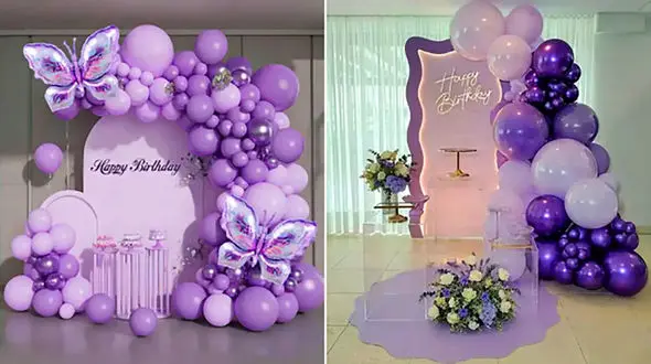 ببینید / انواع تزئین بادکنک تولد با تم بنفش و صورتی
