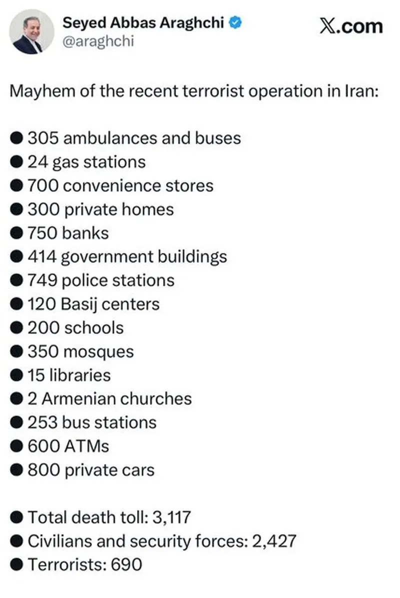 آمار وزیر امور خارجه از حجم ویرانی‌ها در عملیات تروریستی اخیر