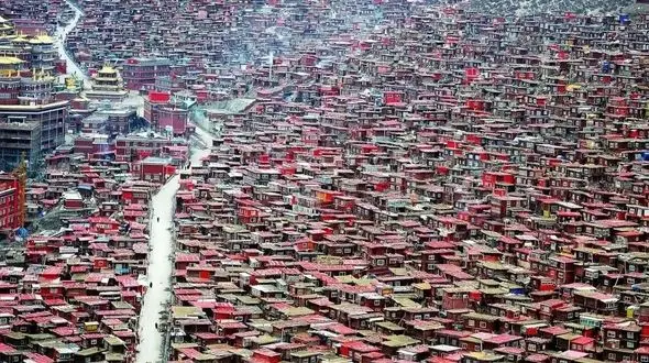 بزرگترین اقامتگاه بودایی جهان در ارتفاعات تبت / هزاران خانه سرخ‌ رنگ در دل کوه های تبت