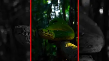 فیلم خزش مار سبز بزرگ روی تنه درخت