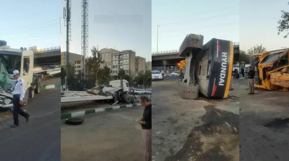 چپ شدن بیل مکانیکی در تهرانپارس + عکس 
