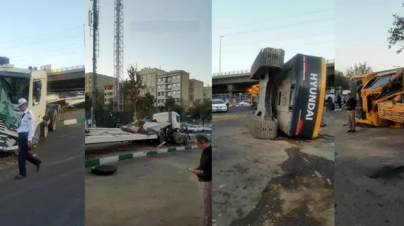 چپ شدن بیل مکانیکی در تهرانپارس + عکس 