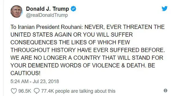 پاسخ ترامپ به حسن روحانی: مراقب باش و هرگز آمریکا را تهدید نکن