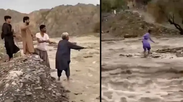 فیلم لحظه نجات معجزه‌ آسای نوجوان بلوچ از میان سیلاب رودخانه سرباز