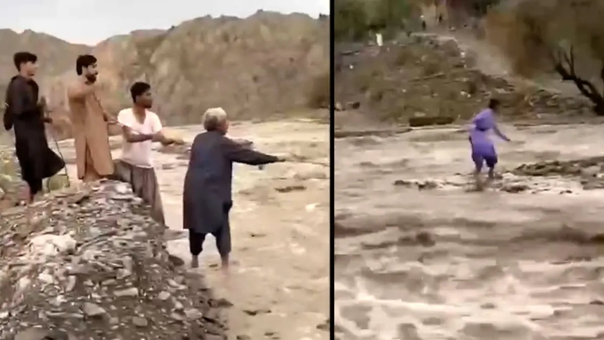 فیلم لحظه نجات معجزه‌ آسای نوجوان بلوچ از میان سیلاب رودخانه سرباز
