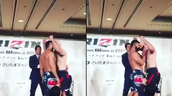 درگیری شدید علی اکبری با حریف کشتی گیر آمریکایی خود هنگام وزن کشی+ فیلم