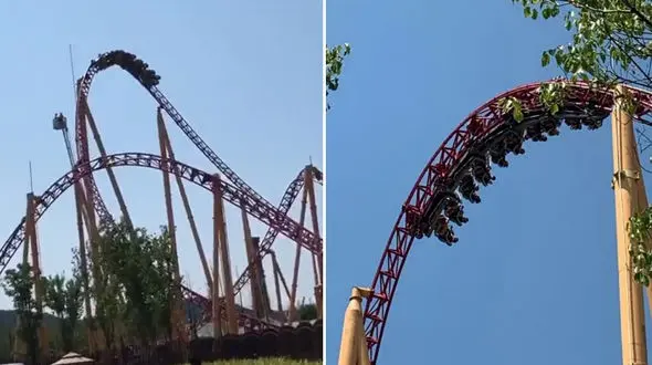 لحظه وحشتناک آویزان ماندن گردشگران از ترن هوایی در آسمان ! + فیلم