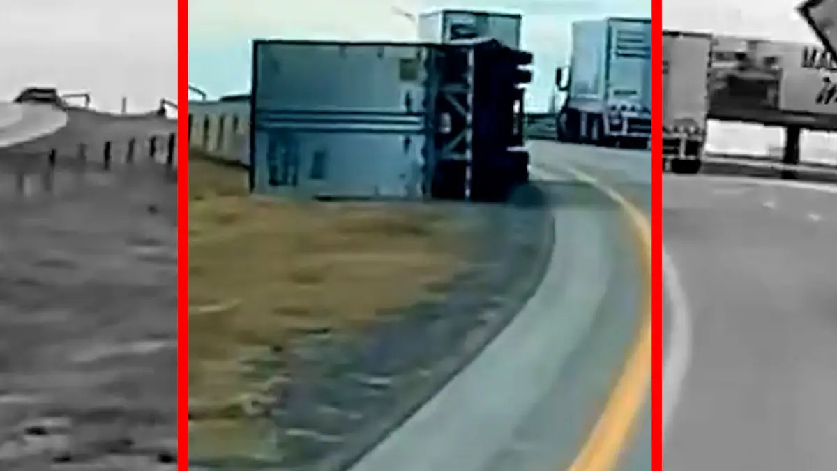 فیلم واژگون شدن کامیون بر اثر باد شدید در آمریکا