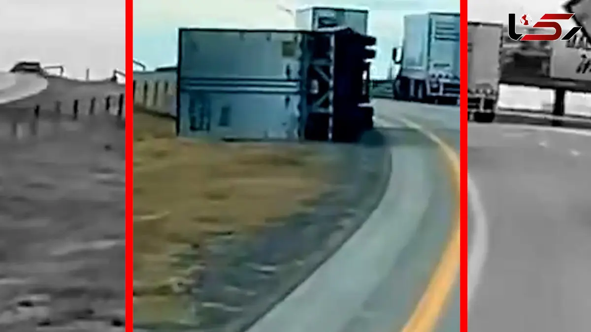 فیلم واژگون شدن کامیون بر اثر باد شدید در آمریکا