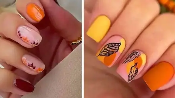 طراحی ناخن پاییزی شیک و جذاب با ترکیب رنگ نارنجی و قهوه‌ ای