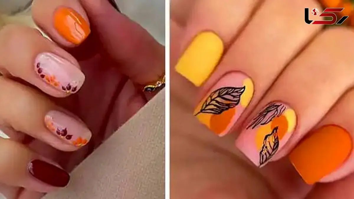 طراحی ناخن پاییزی شیک و جذاب با ترکیب رنگ نارنجی و قهوه‌ ای