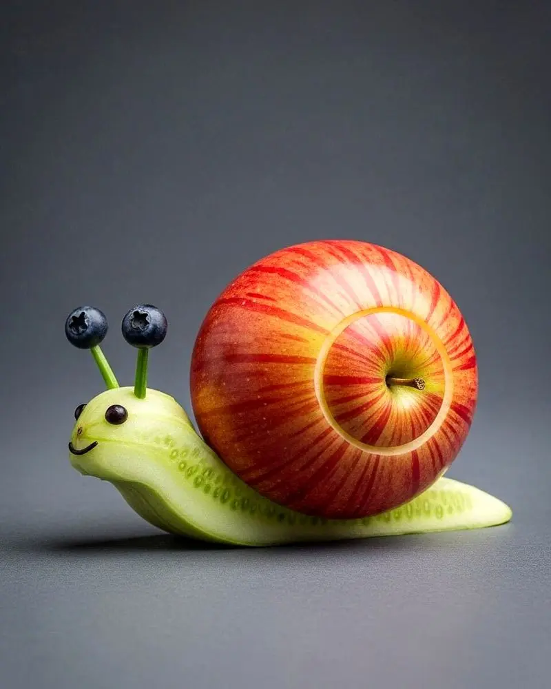 تصویری از مجسمه‌های خلاقانه ساخته‌شده با میوه، شامل حیواناتی مانند سگ سیبی، گربه هندوانه‌ای و حلزون میوه‌ای که با برش‌های دقیق و ترکیب رنگ‌های طبیعی میوه‌ها طراحی شده‌اند؛ مناسب برای معرفی هنر میوه‌آرایی و ترندهای خلاقانه در شبکه‌های اجتماعی.
