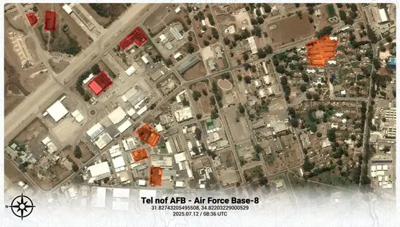 مناطق هدف قرار گرفته در پایگاه هوایی تل نوف که نواحی قرمز طی جنگ ۱۲ روزه و نواحی نارنجی طی عملیات وعده صادق-۲ مورد هدف قرار گرفته‌اند.