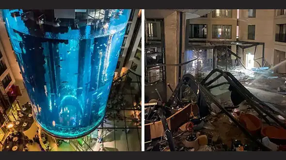 اولین فیلم از انفجار هولناک آکواریوم بزرگ برلین / یک میلیون لیتر آب با 1500 ماهی کجا رفت؟