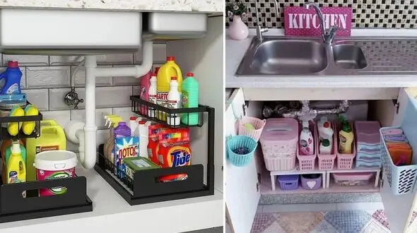 چیدمان و مرتب سازی کابینت زیر ظرفشویی؛ گام به گام از تخلیه تا قرارگیری لوازم و شوینده / برای چیدمان آشپزخانه ایده بگیرید