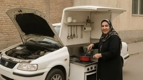 خلاقیت شاهکار خانم خوش ذوق سبزواری برای تبدیل خودرو ال 90 به آشپزخانه سیار حماسه  آفرید، به هیچی رحم نکرده 