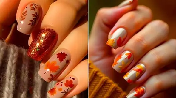دیزاین ناخن پاییزی: الهام از برگ‌ های رنگارنگ و خطوط طلایی + نمونه‌ ها